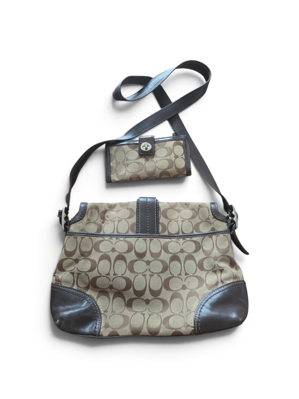 Coach Signature Canvas Crossbody Bag in Khaki/Brown with Matching Wallet